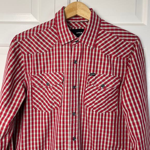 Hurley Red White Check Cowboy Western Snap Button Shirt Size M - Picture 2 of 7